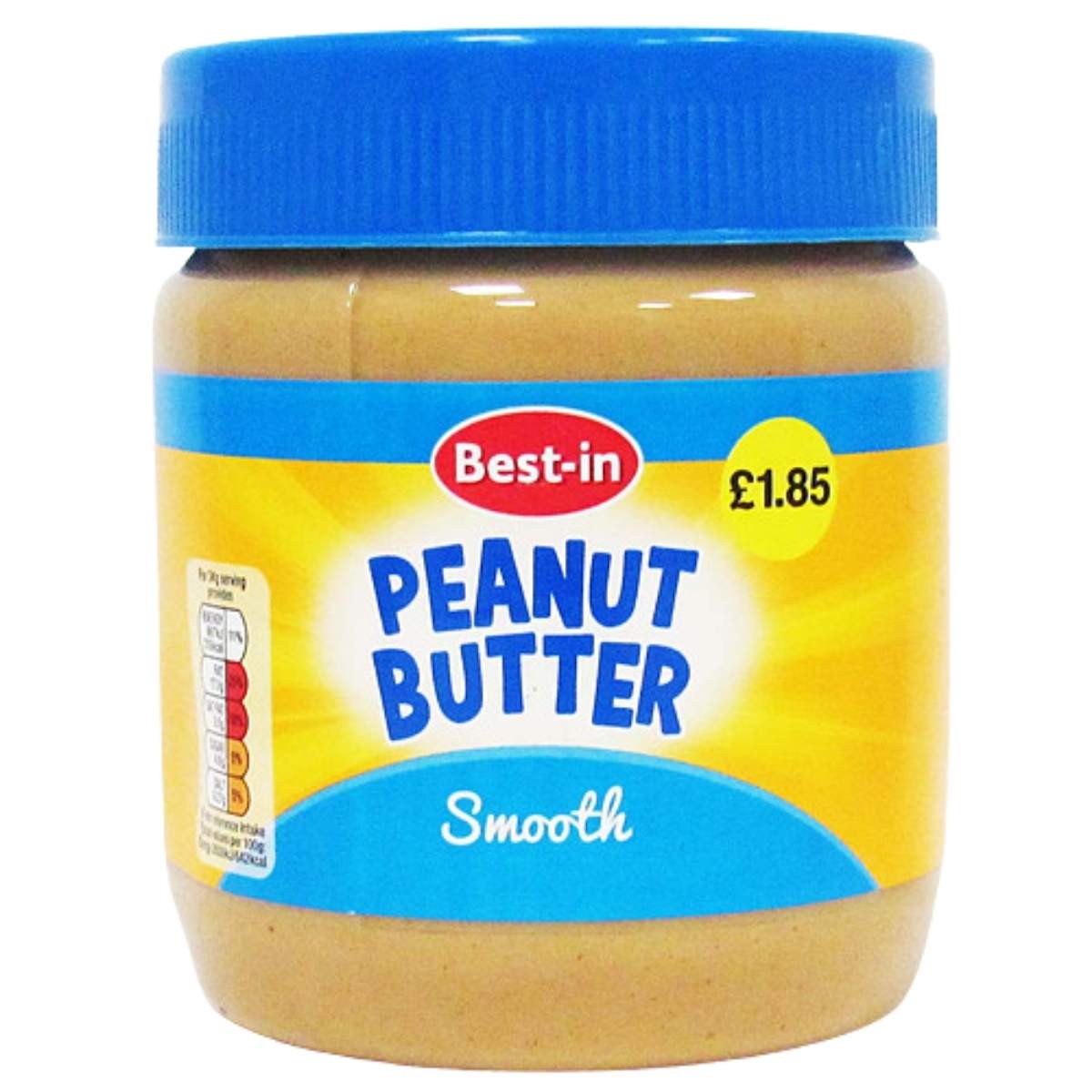 A 340g jar of Best In - Smooth Peanut Butter with a blue lid and a £1.85 price label on the front.
