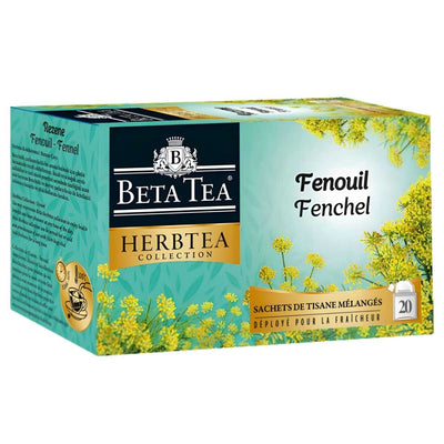 A box of Beta Tea - Fennel Herbal Tea, by Beta Tea, contains 20 tea bags and features images of fennel plants on the packaging.