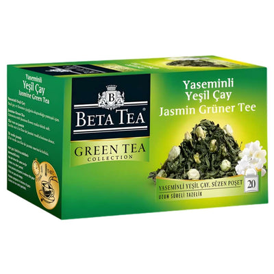 Beta Tea Jasmine Herbal Green Tea features 20 premium tea bags in a box, illustrated with jasmine flowers and loose tea leaves.