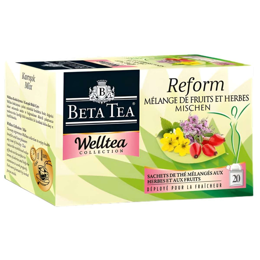 Beta Tea - Reform Mixed Well Tea, an herbal fruit and herb blend from Beta Tea, comes in a box with floral and fruit designs plus French and German info. Includes 20 tea bags and a free tea cup.