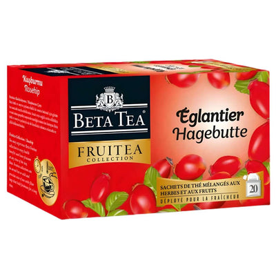 A box of Beta Tea - Rosehip Fruit Tea by Beta Tea, featuring 20 tea bags and rosehip imagery with French and German labeling.