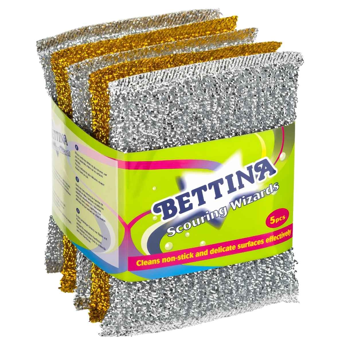 A pack of five Bettina Scouring Wizards with silver and gold surfaces, featuring a green and yellow label.