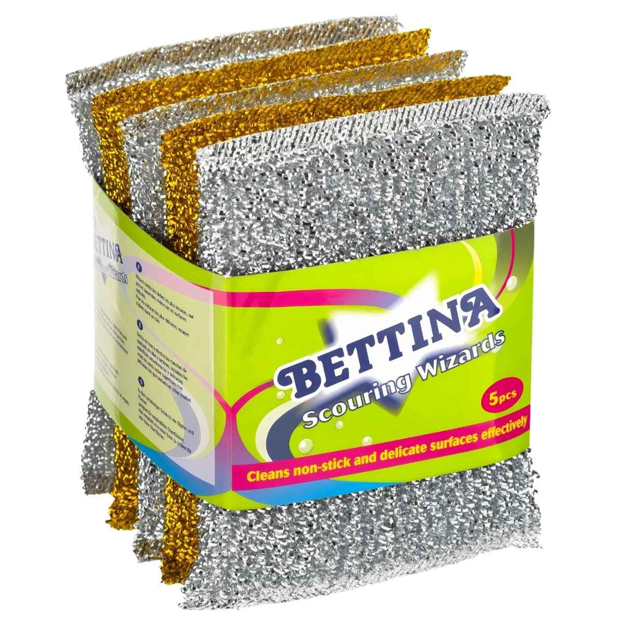 A pack of five Bettina Scouring Wizards with silver and gold surfaces, featuring a green and yellow label.