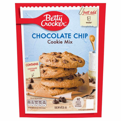 Front of a Betty Crocker - Chocolate Chip Cookie Mix - 200g package, featuring a stack of homemade cookies and chocolate chips, plus instructions to just add water.