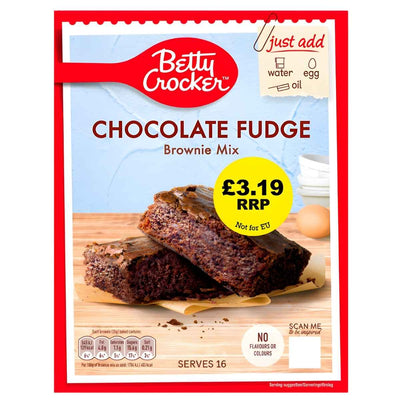 The 415g Betty Crocker Chocolate Fudge Brownie Mix box features two brownies, a £3.19 price, and easy instructions—just add water, egg, and oil for tasty homemade treats.