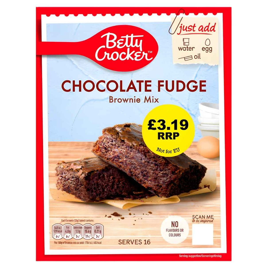 The 415g Betty Crocker Chocolate Fudge Brownie Mix box features two brownies, a £3.19 price, and easy instructions—just add water, egg, and oil for tasty homemade treats.