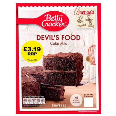 Betty Crocker Devil's Food Cake Mix 425g, RRP £3.19, with icons for eggs, oil, water & icing—just add these for an easy chocolate cake bake.