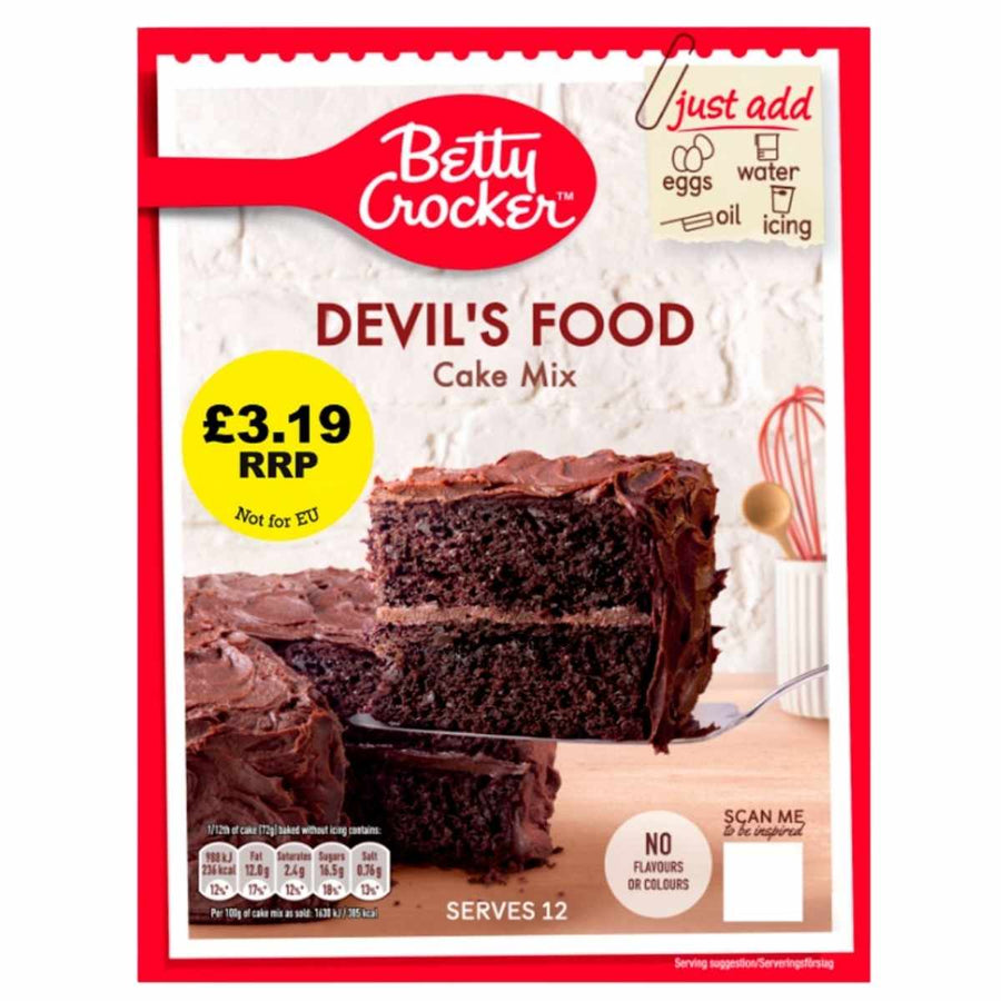 Betty Crocker Devil's Food Cake Mix 425g, RRP £3.19, with icons for eggs, oil, water & icing—just add these for an easy chocolate cake bake.