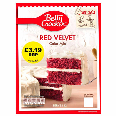 Betty Crocker - Red Velvet Cake Mix - 425g box shows a sliced cake with white icing. The label lists price, servings, and required ingredients. Ideal for chocolate cake fans seeking a colorful, flavorful red velvet dessert.