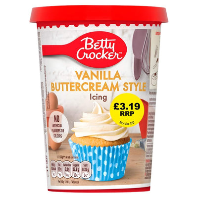 A 400g Betty Crocker Vanilla Buttercream Style Flavour Icing tub with a red lid, showing a cupcake topped with creamy icing and a yellow £3.19 price label.