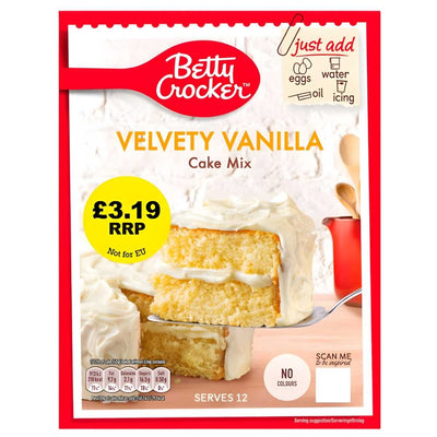 Betty Crocker - Velvety Vanilla Cake Mix (425g) box features a slice of vanilla cake with white icing, plus price and ingredient icons.