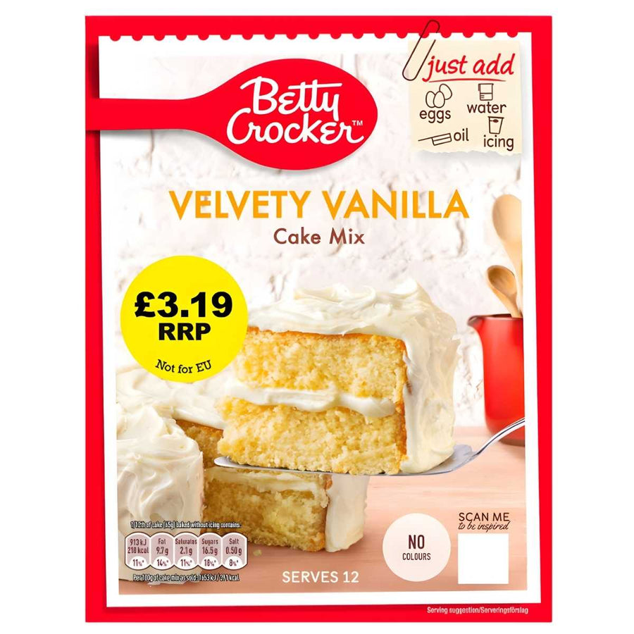 Betty Crocker - Velvety Vanilla Cake Mix (425g) box features a slice of vanilla cake with white icing, plus price and ingredient icons.