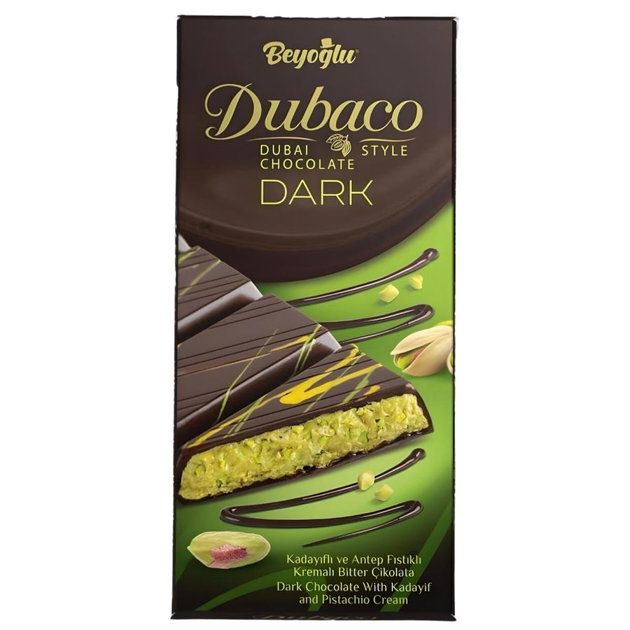 Beyoglu Dubaco Dubai Dark Chocolate Bar 200g features rich dark chocolate with kadayıf and pistachio cream, and packaging that shows the bar topped with whole pistachios.