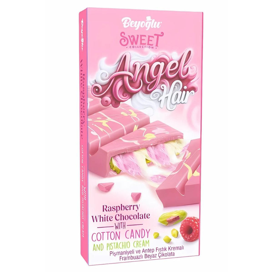 Beyoglu Angel Hair Raspberry White Chocolate Bar (170g) is filled with candy floss and pistachio cream, presented in pink and white packaging with an image of the chocolate bar.