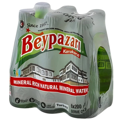 Six-pack of Beypazari Natural Sparkling Mineral Water (6 x 200ml), featuring clear plastic wrap with red and green Beypazari branding and building illustrations.