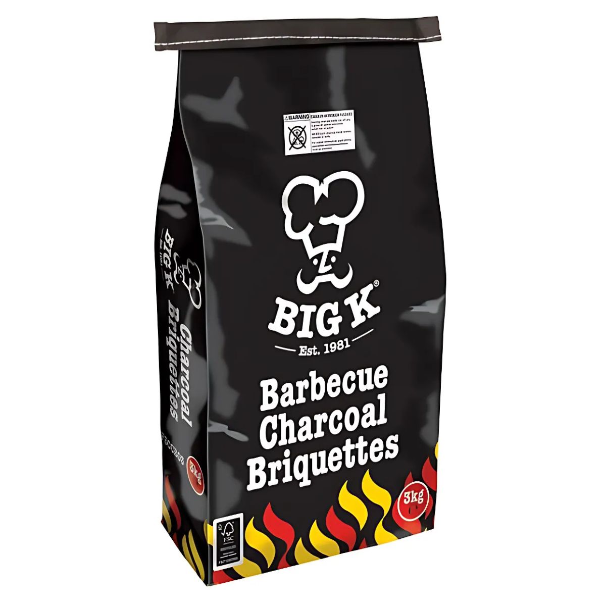 A black bag labeled "Big K - Barbecue Charcoal Briquettes - 3kg" is ideal for grilling, featuring the Big K logo, vibrant red and yellow flame graphics, and a 3kg net weight—perfect fuel for outdoor cooking.