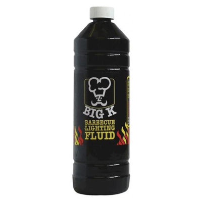 A 1L black bottle of Big K - BBQ Lighting Fluid with a white cap and flame graphics on the label.