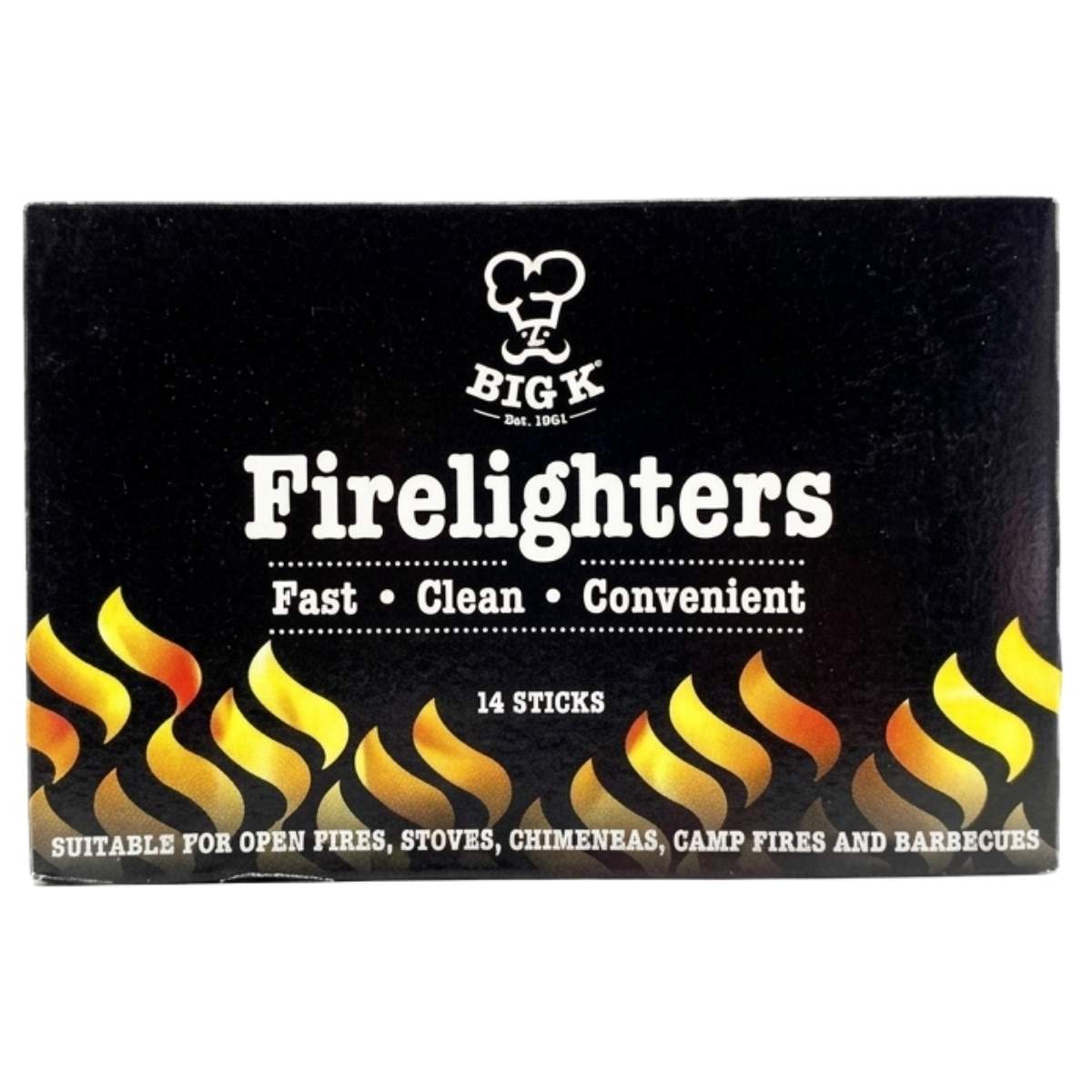 Box of Big K firelighters with flame design on a black background