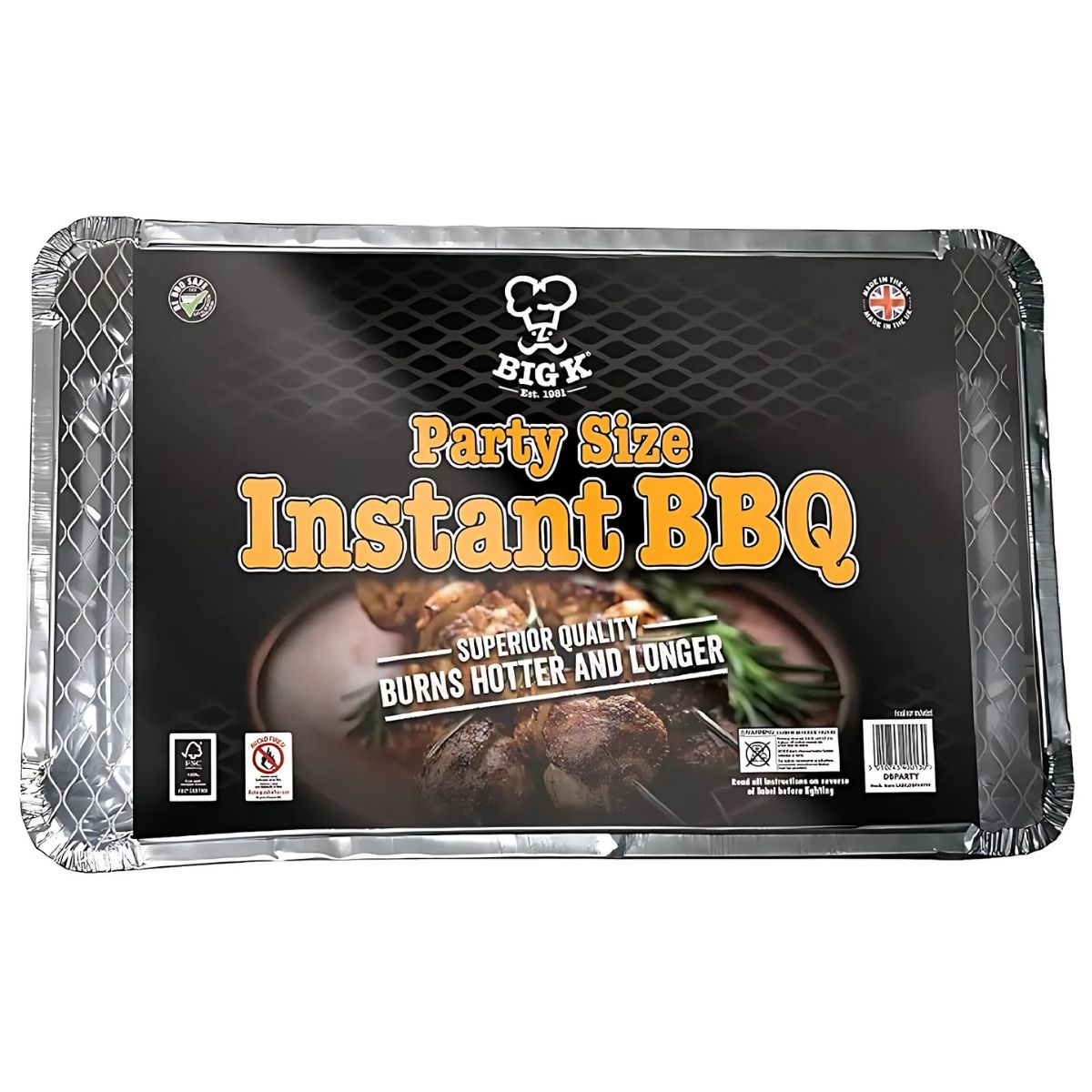 The Big K - Party Size Instant Disposable BBQ is a rectangular foil tray with a grill background, offering superior quality and longer, hotter burning—making it the ideal portable grill for any party-sized BBQ.