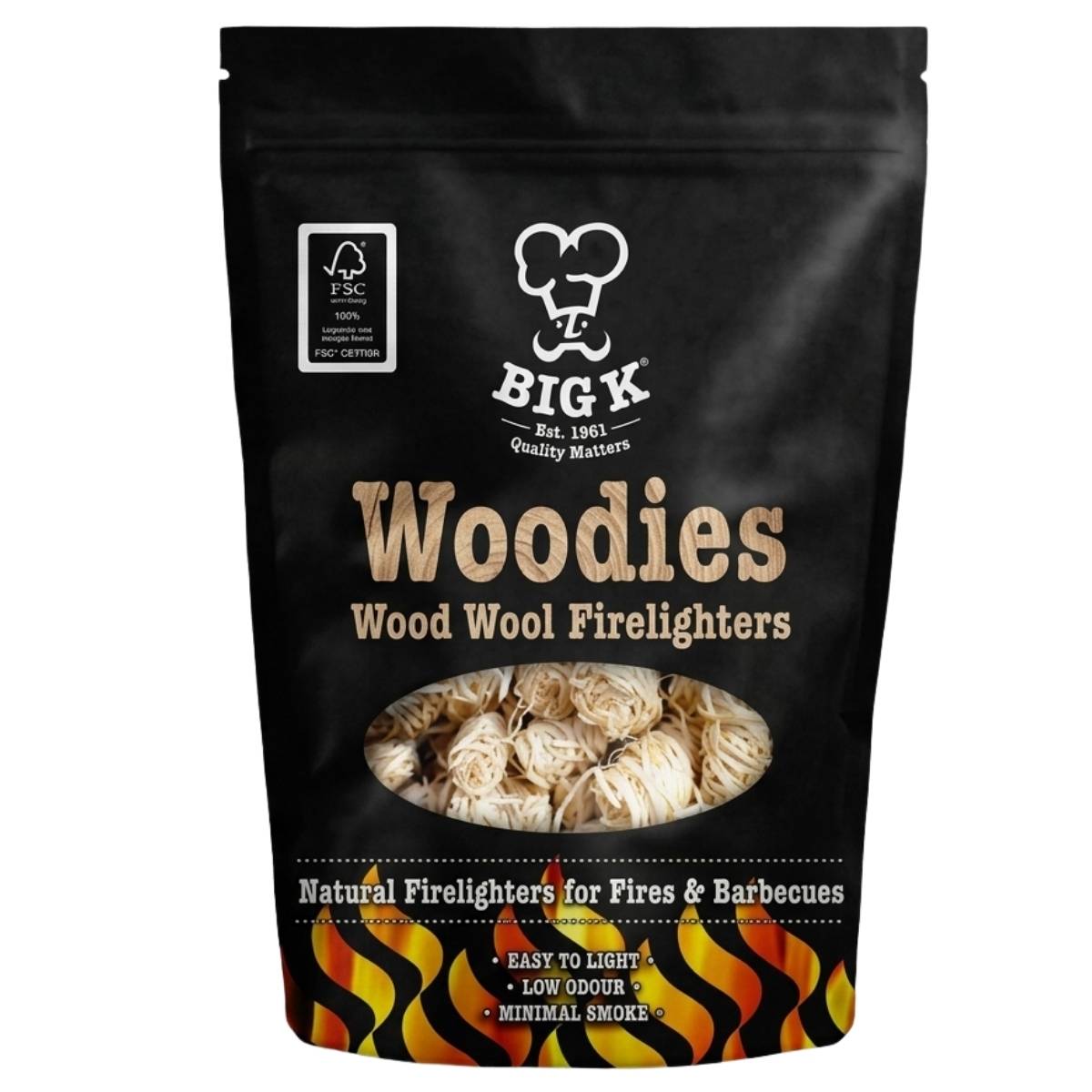 Bag of BIGK Woodies Wood Wool Firelighters with branding and product details on a black background