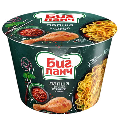Big Lunch - Instant Chicken & Spicy Herbs Flavoured Noodle Bowl 90g features Russian text and packaging with cooked noodles, a chicken drumstick, and sauce—ideal for satisfying cravings for bold chicken and herb flavours.