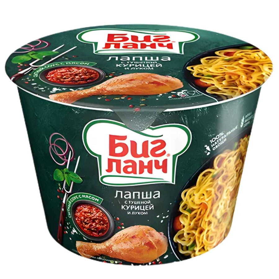 Big Lunch - Instant Chicken & Spicy Herbs Flavoured Noodle Bowl 90g features Russian text and packaging with cooked noodles, a chicken drumstick, and sauce—ideal for satisfying cravings for bold chicken and herb flavours.