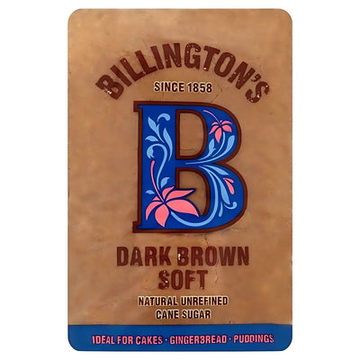 Billington's Dark Brown Soft Sugar (1kg) is made from natural unrefined cane sugar—perfect for baking cakes, gingerbread, and puddings. The pack features a large decorative "B".