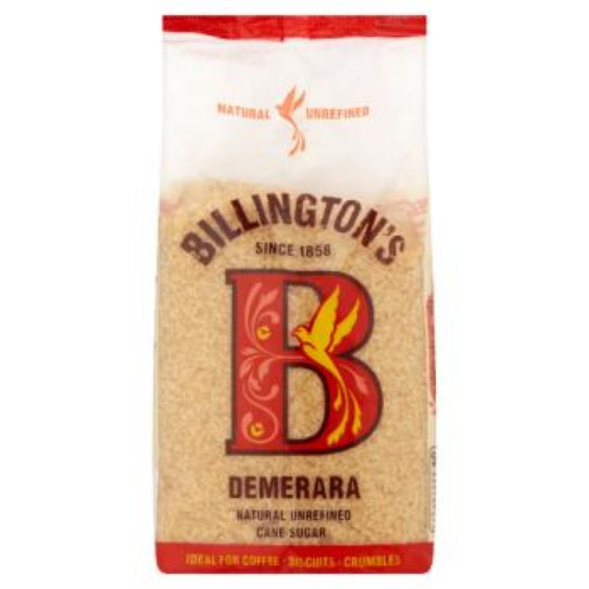 Billington's Demerara Natural Unrefined Cane Sugar, ideal for enhancing coffee and crumble toppings, comes in a 500g bag. Its packaging is mainly beige with red accents and showcases a prominent "B" logo accompanied by a bird design.