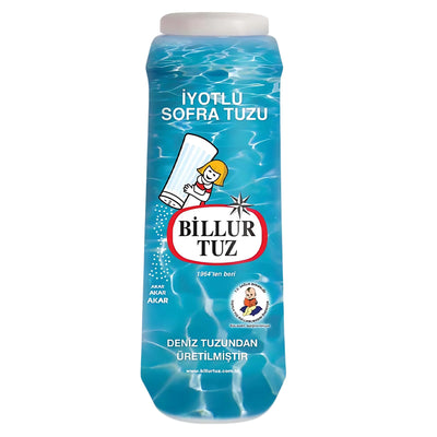 A 500g container of Billur Iodized Table Salt shows a blue, water-themed background and white Turkish text.