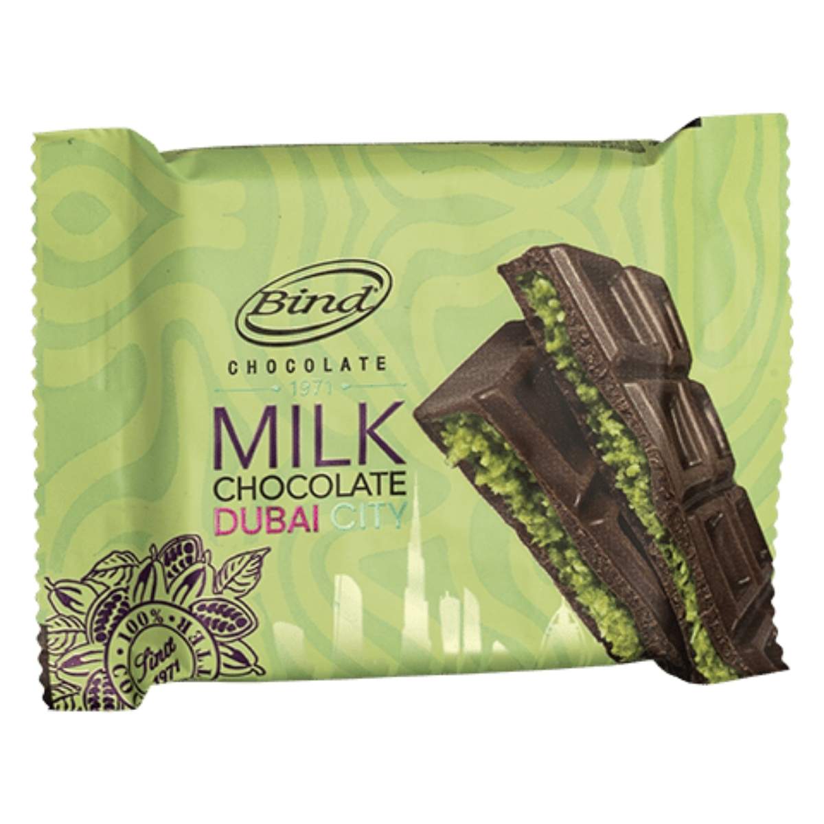 Discover the exquisite taste of Bind - Dubai Milk Chocolate, featuring a delightful pistachio filling in a 60g package.