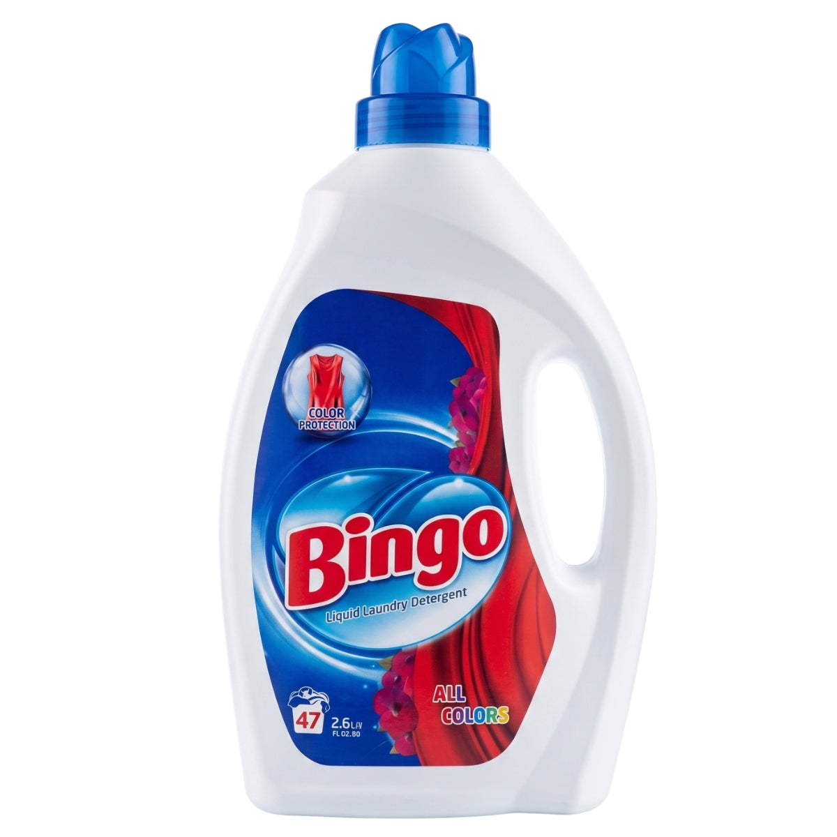 Bingo - Liquid Laundry Detergent 47 Washes - 2600ml: This white plastic bottle from Bingo features a blue cap, convenient handle, and a blue and red label. Suitable for all colors, it is formulated with powerful enzyme technology and anionic active matter, providing enough detergent for up to 47 washes (2.6 liters).
