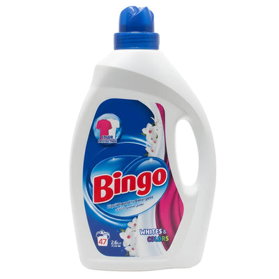 Bingo Whites & Colours Liquid Laundry Detergent, 47 washes, 2600ml—removes stains and protects colours. Blue cap and label.