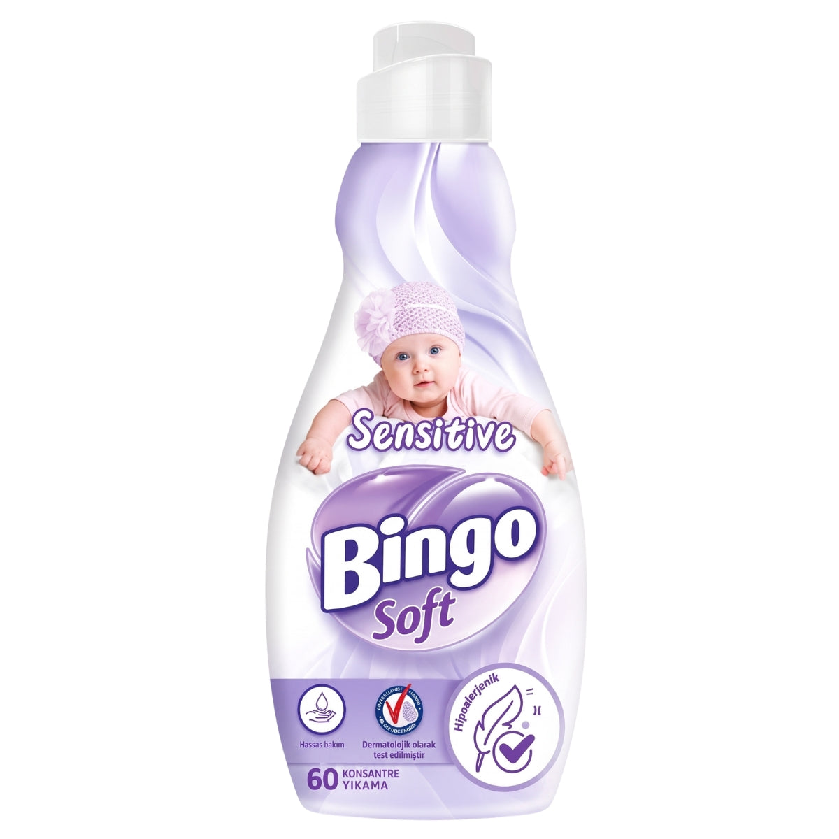 A 1440ml bottle of Bingo Soft - Sensitive Fabric Softener, designed for 60 washes, features branding with a baby in a purple outfit on the label and displays symbols and text that indicate it is hypoallergenic and concentrated.