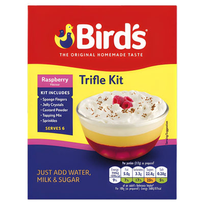 Bird's Trifle Kit Raspberry Flavour (141g) by Bird's, with an image of prepared trifle; packaging highlights included ingredients and dessert kit serving size for six.