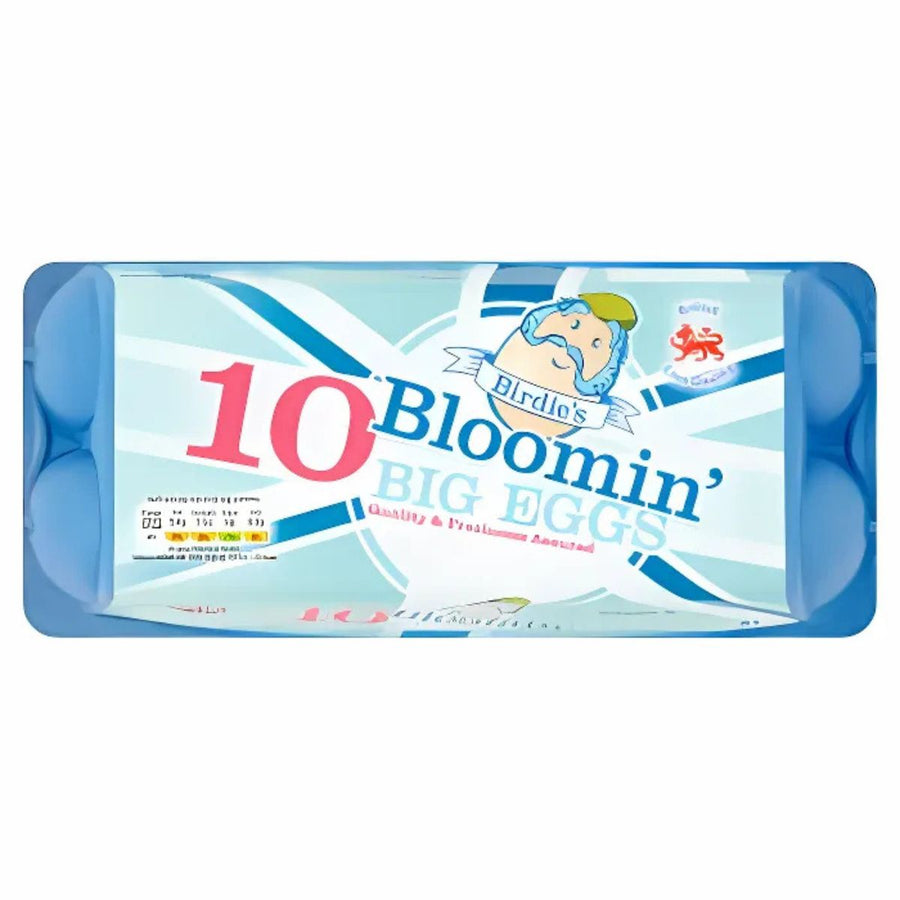 A blue plastic carton labeled "Birdie's - Bloomin Big Eggs - 10Eggs" from Birdie's contains large eggs, with branding and nutritional details on the packaging.