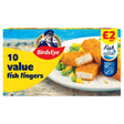 A 250g box of Birds Eye - 10 Value Fish Fingers, coated in golden breadcrumbs, served with peas and corn. The packaging shows the Birds Eye brand, a £2 price label, and an MSC certified fish logo.