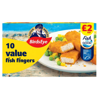 A 250g box of Birds Eye - 10 Value Fish Fingers, coated in golden breadcrumbs, served with peas and corn. The packaging shows the Birds Eye brand, a £2 price label, and an MSC certified fish logo.