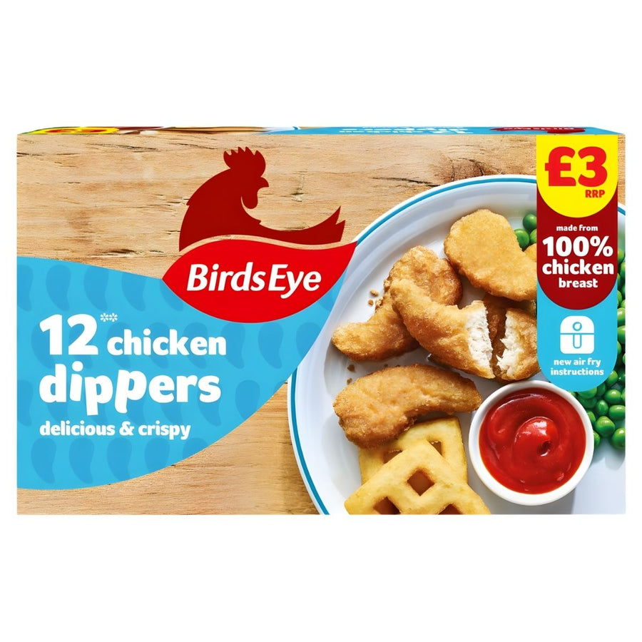 Birds Eye 12 Chicken Dippers (220g), made from marinated chicken breast. Enjoy with waffle fries, peas, and ketchup. Only £3.
