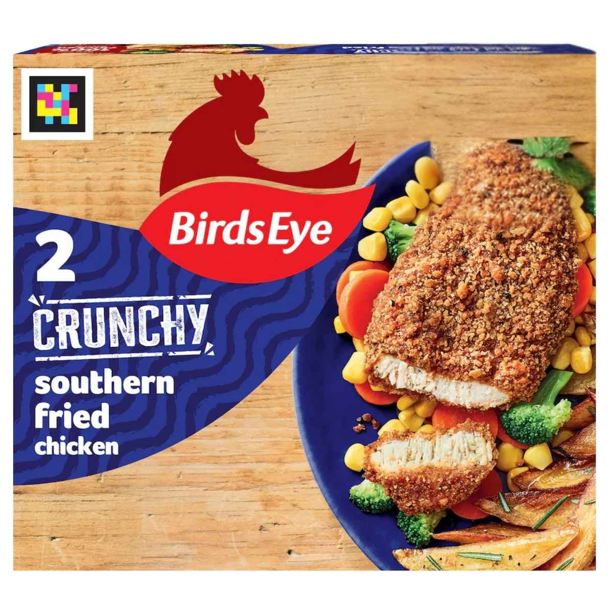 Birds Eye Crunchy Southern Fried Chicken packaging with a chicken breast and vegetables on a blue plate.