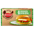 Box of Birds Eye - 4 Chicken Burgers - 200g, featuring a breaded chicken burger with lettuce and tomato in a bun. Made from 100% chopped chicken breast coated in golden wholegrain breadcrumbs. Brand: Birds Eye.