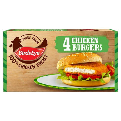 Box of Birds Eye - 4 Chicken Burgers - 200g, featuring a breaded chicken burger with lettuce and tomato in a bun. Made from 100% chopped chicken breast coated in golden wholegrain breadcrumbs. Brand: Birds Eye.