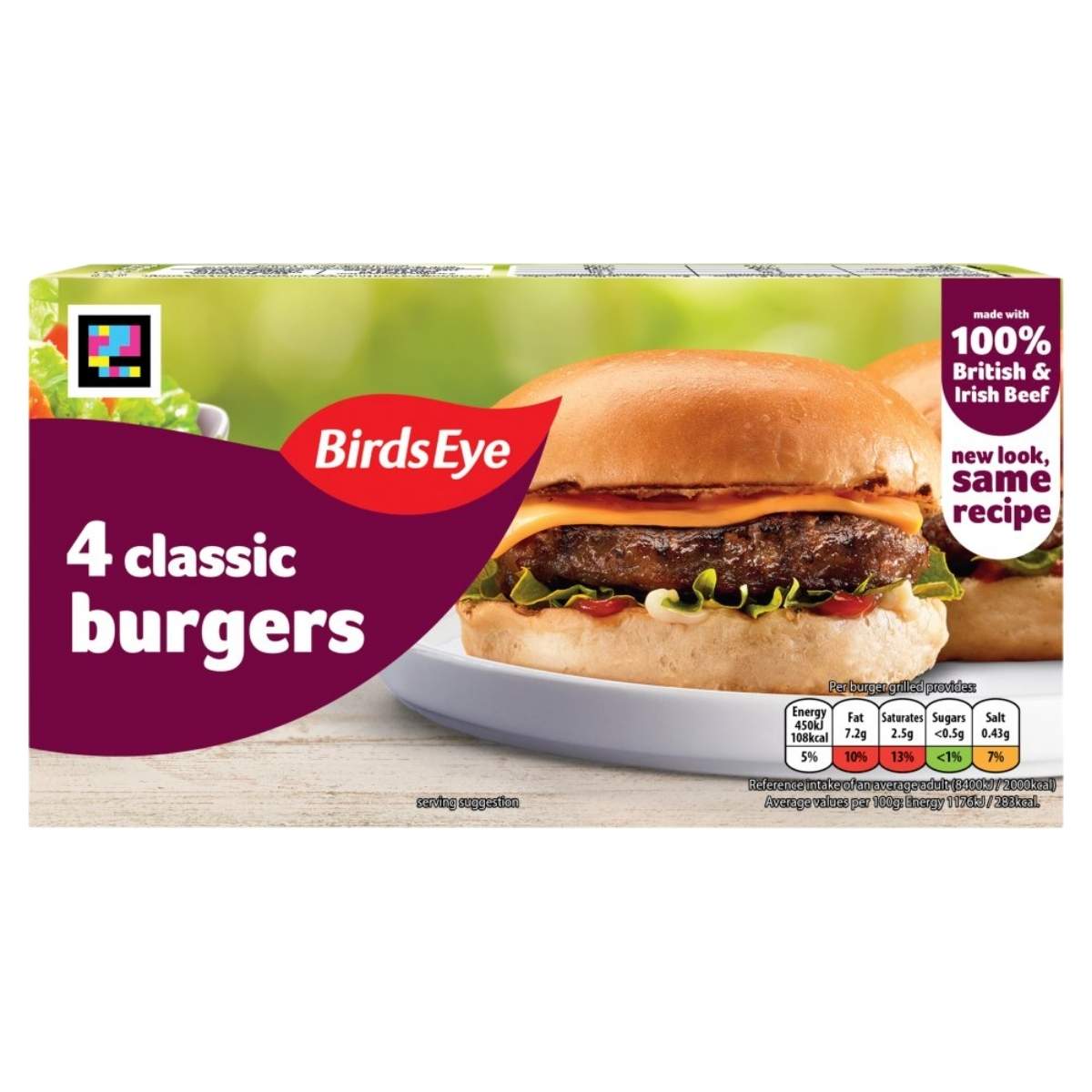 Box of Birds Eye - 4 Classic Burgers (227g) featuring four juicy beef burgers in buns with lettuce and tomato, with product info shown on the packaging.