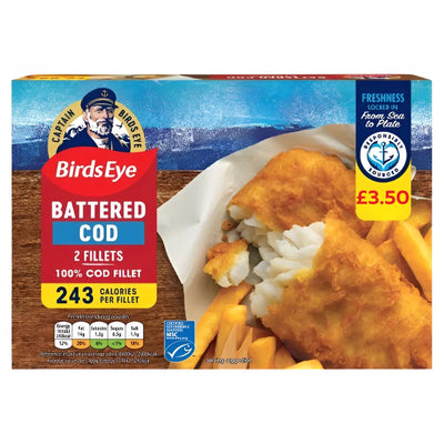 Enjoy Birds Eye Battered Cod 2 Fillets (200g) – a classic seafood choice with nutritional info and portion details on pack, priced at £3.50. Indulge in tasty, easy-to-prepare battered cod fillets at home from Birds Eye.