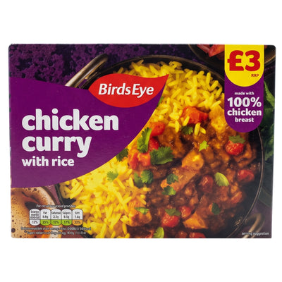 A Birds Eye - Chicken Curry with Rice - 400g frozen meal featuring a bowl of chicken curry with yellow rice, topped with fresh herbs and a side of mango chutney.