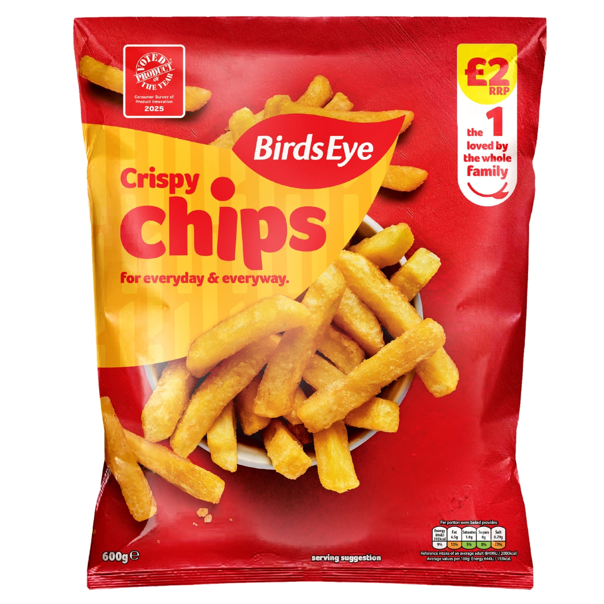 A red bag of Birds Eye Crispy Chips features a bowl of chips, the Birds Eye branding, a £2 RRP label, and displays the 600g weight in the bottom left corner.