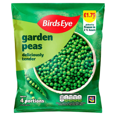 Birds Eye - Garden Peas - 375g, £1.79: a bag showing a bowl of tender, natural peas with text “garden peas, deliciously tender, approx. 4 portions.” Ideal frozen peas for every meal.