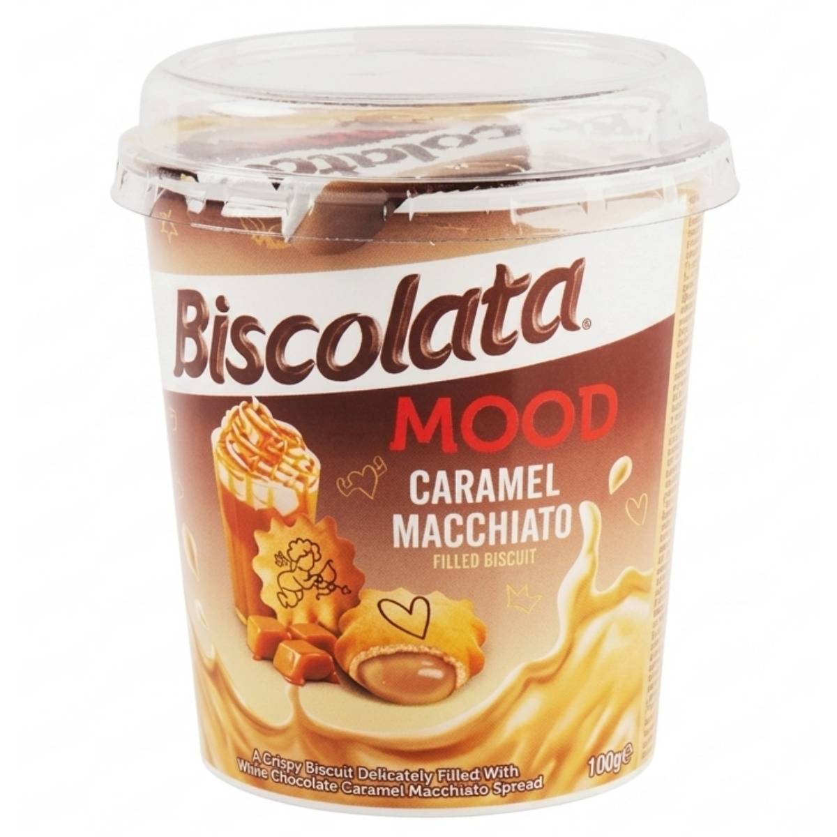 A 100g Biscolata - Caramel Macchiato Filled Biscuit container features a clear plastic lid and packaging with product images.
