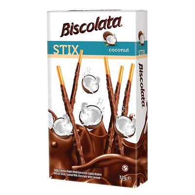 The Biscolata Stix Biscuit Sticks Coated With Milk Chocolate & Coconut, 32g, showcases chocolate-dipped biscuit sticks adorned with appealing coconut imagery and luxurious milk chocolate accents for an indulgent treat.