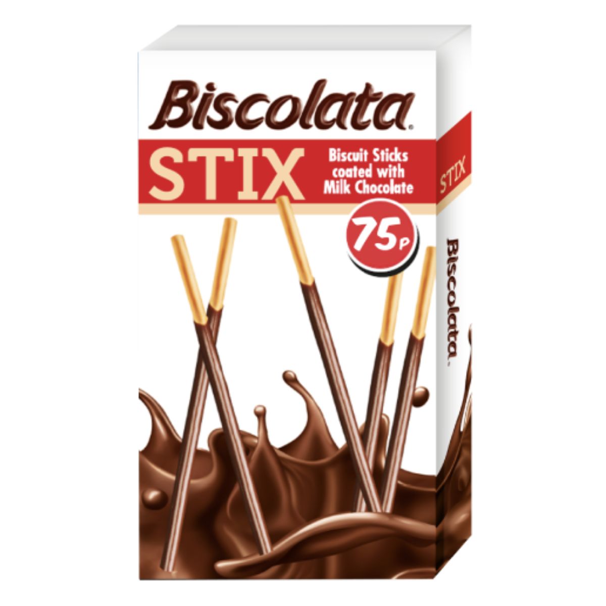 A box of Biscolata - Stix Biscuit Sticks Coated with Milk Chocolate - 32g with a splash of chocolate in the background.