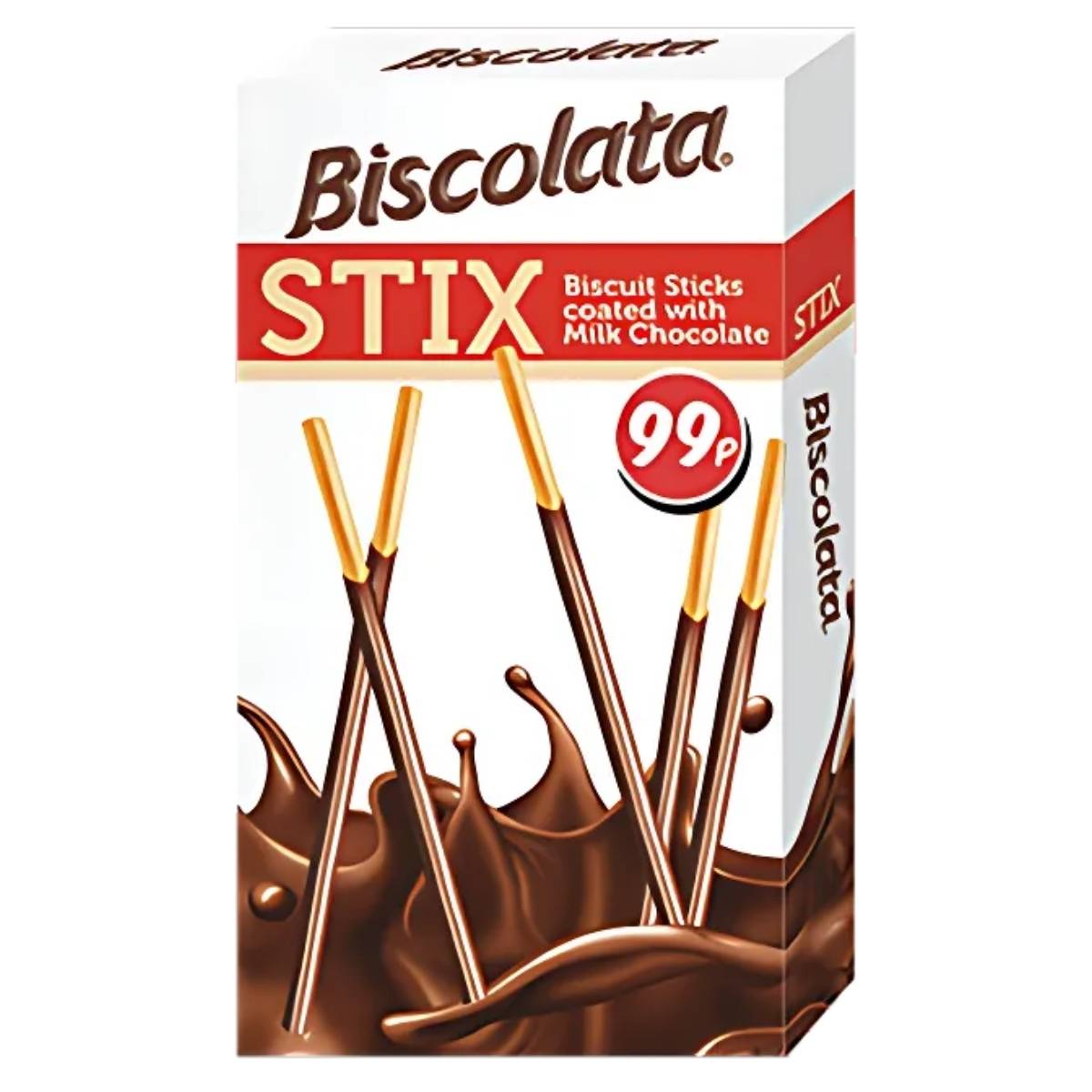 Enjoy a box of Biscolata Stix Biscuit Sticks, scrumptious treats coated in milk chocolate, available for just 99p.